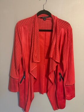Insight Womens Faux Suede Asymmetrical Drape Jacket. Red. Size 12.